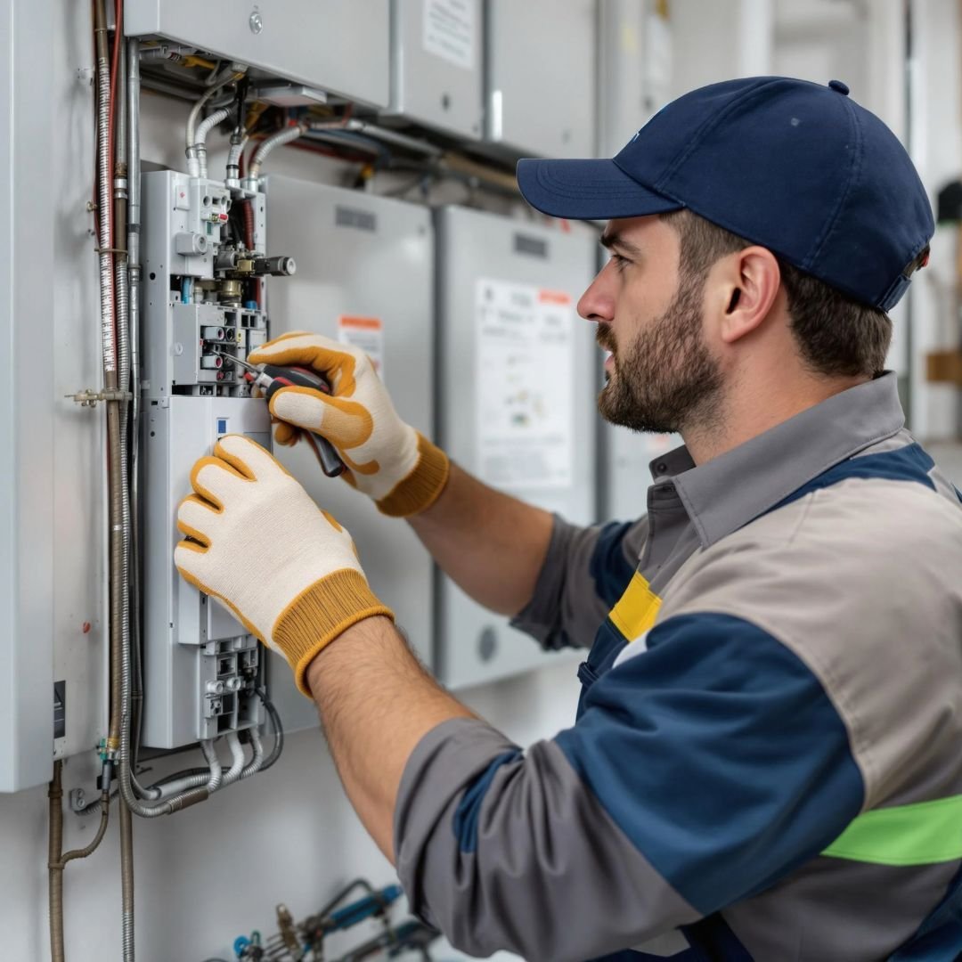 Electrician wearing safety gear working on an electrical panel installation