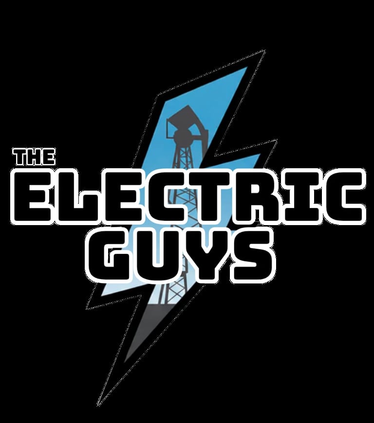 The Electric Guys logo with stylized lightning bolt and electric utility worker silhouette in blue and black